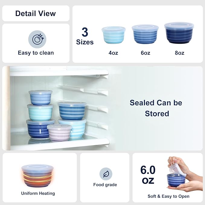 Selamica Ramekins with Lids, 6 oz Ramekins Oven Safe for Creme Brulee, Souffle, Porcelain Custard Cups for Baking, Stackable Ramekin Bowls for Pudding, Dipping, Set of 6, Gradient Blue