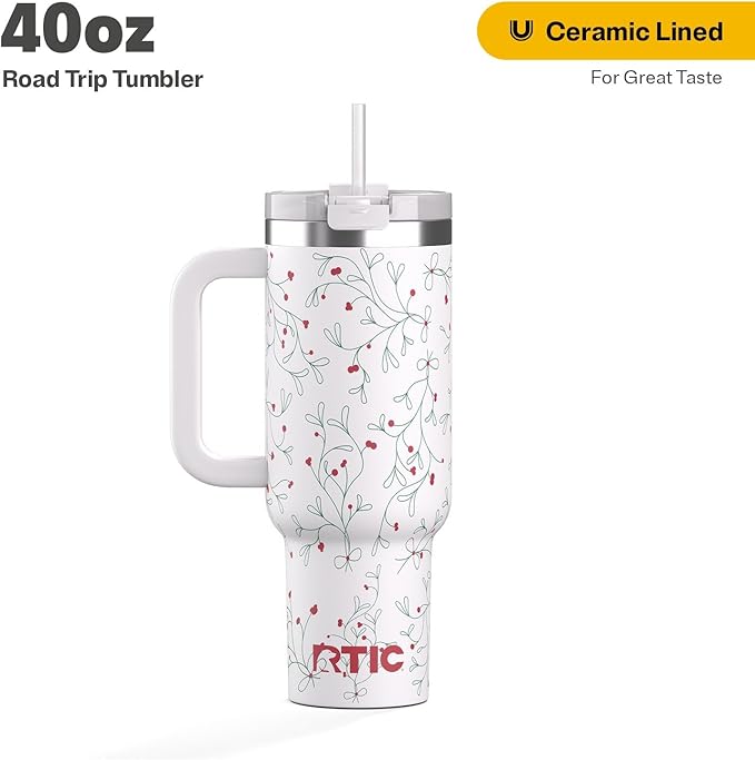 RTIC 40 oz Road Trip Tumbler Double-Walled Cermaic Lined Insulated Stainless Steel Portable Travel Coffee Mug Cup with Lid, Handle and Straw, Mistletoe