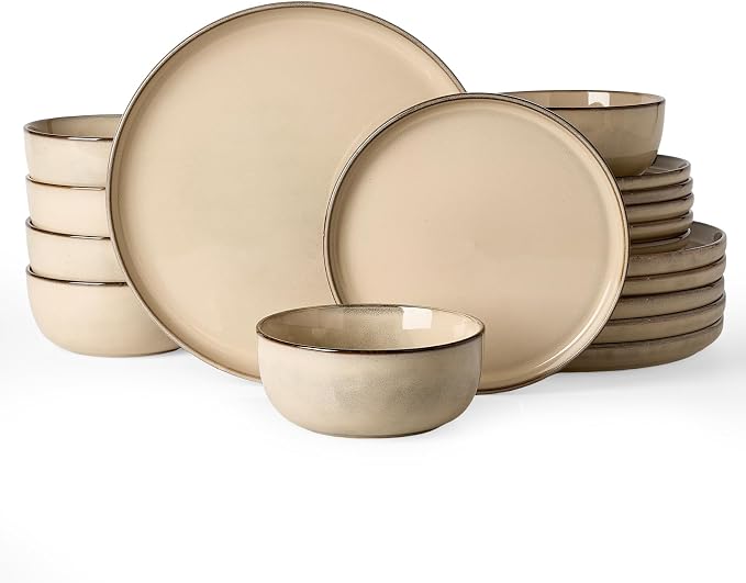 Famiware Milkyway Stoneware Dinnerware Set, 18-Piece, Double Reactive Glaze, Plates and Bowls, Service for 6, Microwave and Dishwasher Safe, Scratch-Resistant, Milk Tea
