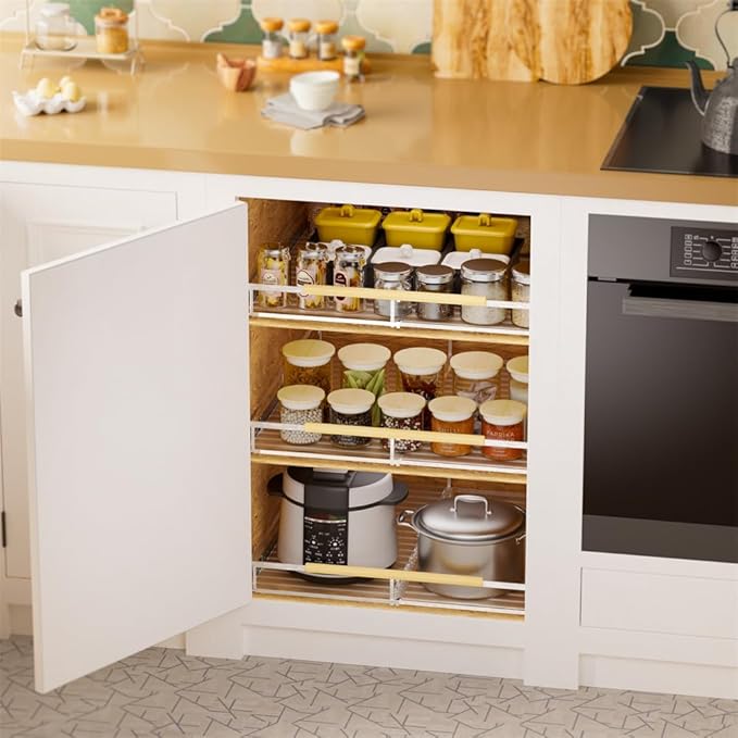 SANNO Chrome Expandable Pull Out Kitchen Cabinet Organizer, 14"-25" Width, 22.24" Depth, 2.7" Height, 2 Shelves, Modern Style, Bottom-Mounted, Easy Install, Kitchen Use
