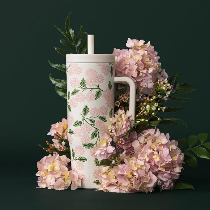 Corkcicle Cruiser Insulated Tumbler - Stainless Steel Tumbler with Handle & Straw, Leak Proof for Cold Drinks, Triple Insulated Spill Proof Cupholder Friendly, BPA-Free 40oz Rifle Paper Pink Hydrangea