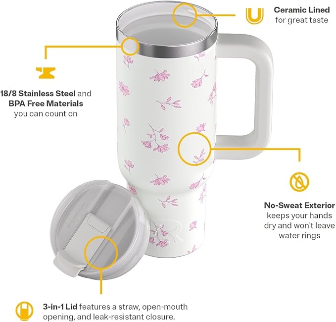 RTIC 30 oz Road Trip Tumbler Double-Walled Ceramic Lined InsulatedStainless Steel Portable Travel Coffee Mug Cup with Lid, Handle and Straw, Pink Magnolias