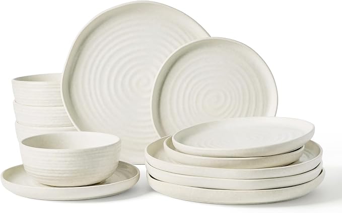 Famiware Pluto Stoneware Dinnerware Sets, 12-Piece Double Reactive Glaze Plates and Bowls Sets, Dishware Sets for Everyday & Formal Dining, Irregular Edge Dishes, Service for 4, Matte Beige White