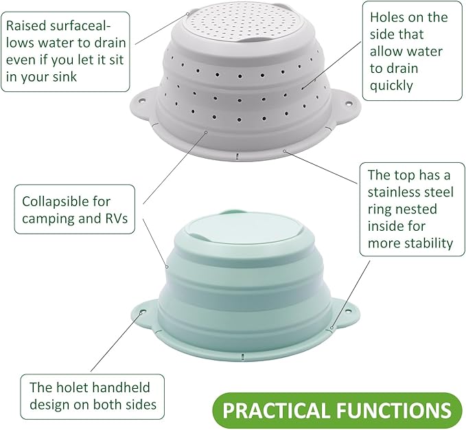 Collapsible Silicone Colander Bowl Set,BPA Free, Heat Resistant, Stainless Steel Nesting, Portable Washing Basket Strainer Drain Basin for Camping, Hiking, Kitchen, Dishwasher Safe (Grey+Green)