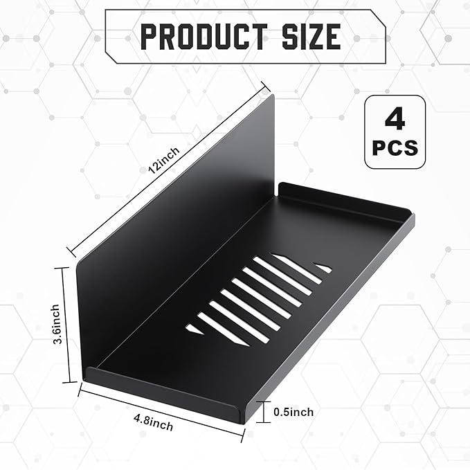 Therwen 4 Pack Magnetic Pegboard Shelves Wall Organizer Metal Pegboard Shelf Steel Tray Accessories Organizing Tools for Craft Home Kitchen(12 x 4.8 x 3.6 Inches,Black)