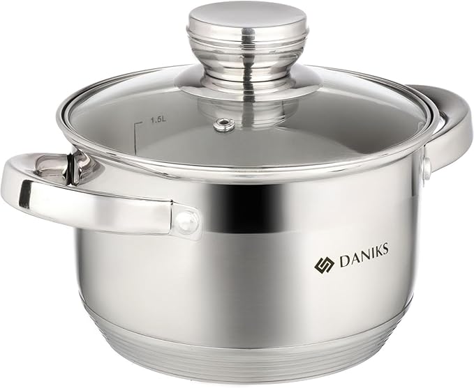 Daniks Standard 2 Quart Stainless Steel Stock Pot with Glass Lid, Tri-Ply Bottom for Even Heating, Induction Compatible, Dishwasher Safe, Built-In Measuring Scale, Silver