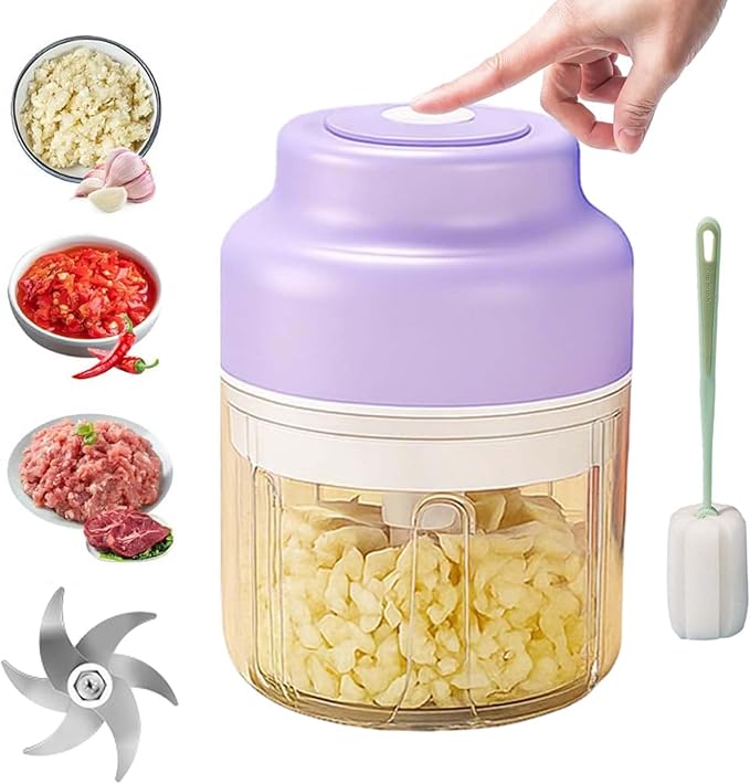 Electric Garlic Chopper, Mini Food Processor, Mini Portable Veggie Chopper with 4/6 Stainless Steel Blades, Rechargeable Small Food Processor for Garlic, Onion, Chili, Ginger, Nuts (Purple, 360ML)