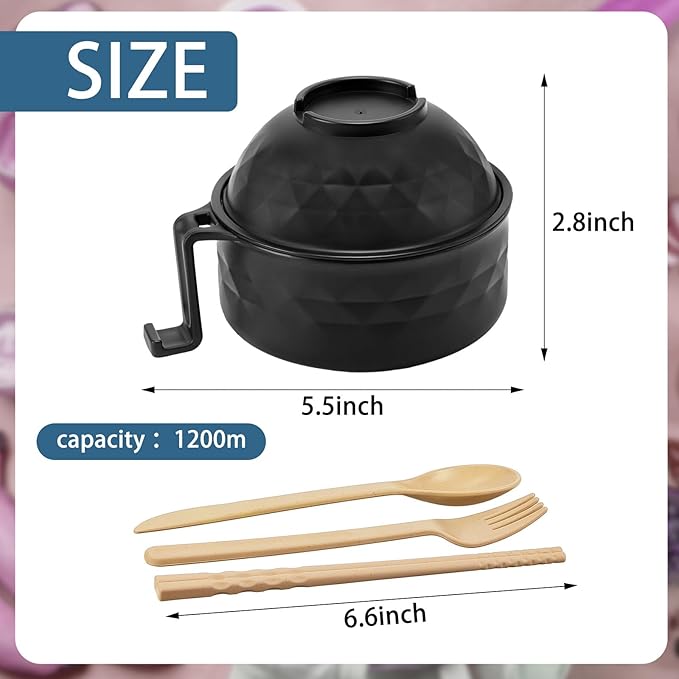 2 Sets Microwave Ramen Bowl 40 oz Wheat Fiber Portable Instant Noodle Cooker Bowl with Handles Strainer Spoon Chopstick Fork College Dorm Room Apartment Essentials(Black,Dark Blue)