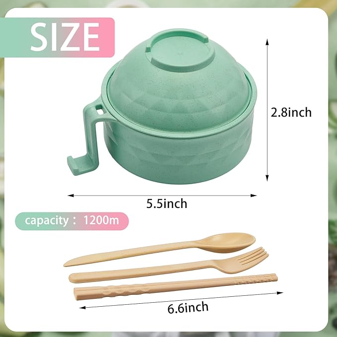 2 Sets Microwave Ramen Bowl 40 oz Wheat Fiber Portable Instant Noodle Cooker Bowl with Handles Strainer Spoon Chopstick Fork College Dorm Room Apartment Essentials(Pink, Light Green)