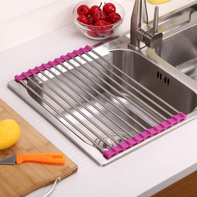 Rollable Dish Drying Rack Roll Up Foldable Dish Racks，Multipurpose Anti-Corrosion 304 Stainless Steel Over Sink Kitchen Sink Drainer Rack for Cups Fruits Vegetables(Yellow,47 * 23cm)