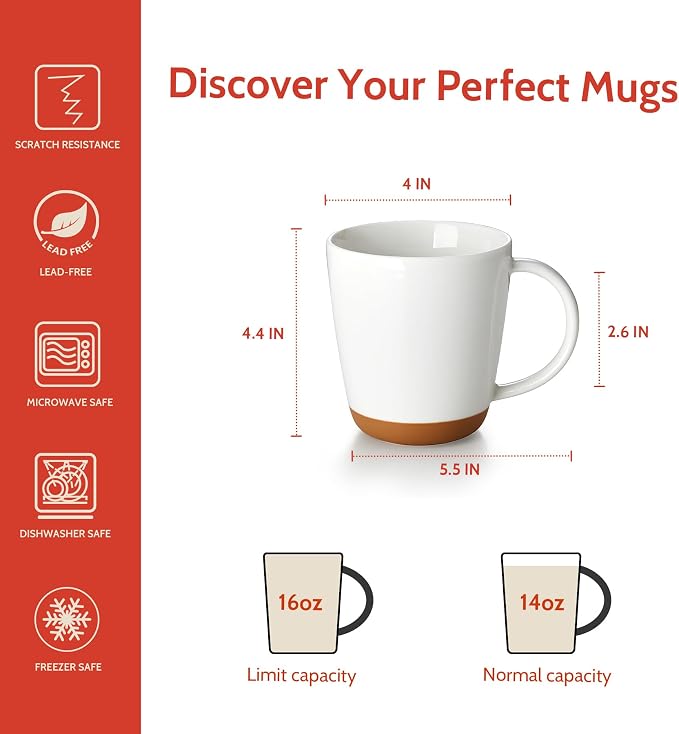Sweese Porcelain Coffee Mugs Set of 4-16 Ounce -Microwavable, Coffee Cups for Latte, Hot Tea, Cappuccino, Mocha, Cocoa with Big Handle, Urban Neutrals