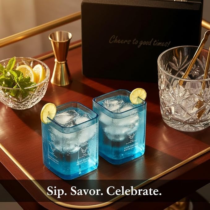 Upcycled Bombay Sapphire Gin Glasses and Platter Set of 3 with Premium Gift Box | Eco-friendly Glasses for Drinks, upcycled from Gin bottles | Ideal for Gin, Whiskey, Cocktail Nibbles and Finger Food