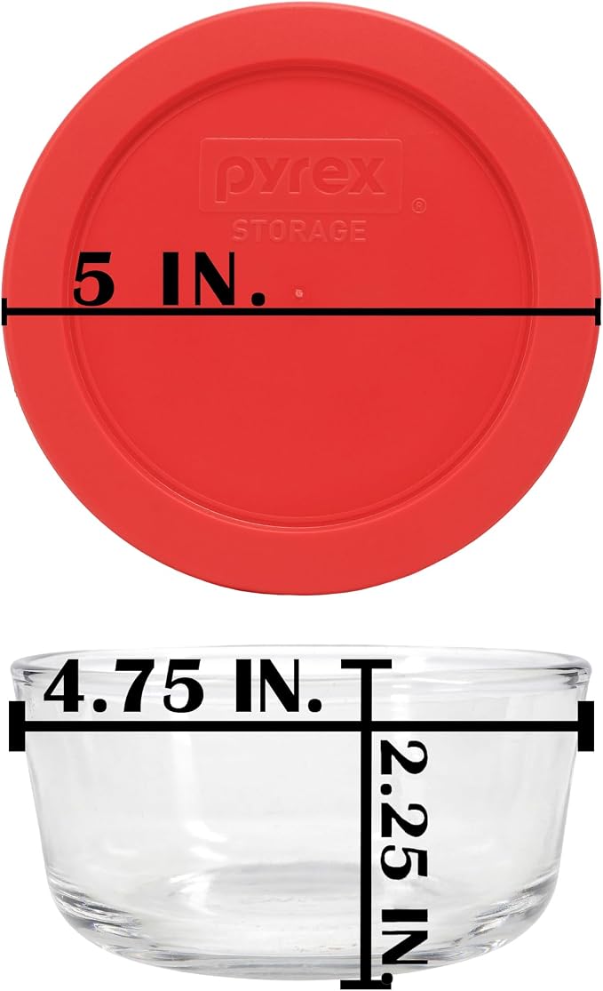 Pyrex 7200 2 Cup Glass Bowls & 7200-PC Red Food Storage Replacement Lids (6-Pack) - Made in USA