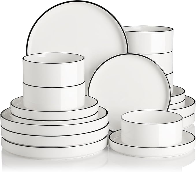 Sweejar Porcelain Dinnerware Sets for 6, 18 Pieces Ceramic Plates and Bowls Set, Classic Modern Simple Kitchen Dinner Dining Ware Set, Dishwasher and Microwave Safe Dishes Sets(Pure White-Black Rim)