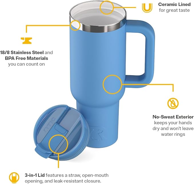 RTIC 40 oz Road Trip Tumbler Double-Walled Insulated Stainless Steel Portable Travel Coffee Mug Cup with Lid, Handle and Straw, Denim
