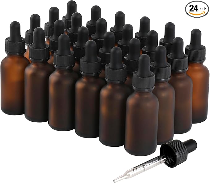 NOOEEISS 24 Pack,1oz Glass Dropper Bottle, Amber Tincture Bottles with Dropper, Pretty Finish for All Kinds of Liquids,Oil Bottles for Hair- Stronger Suction ideal for Leakproof Travel