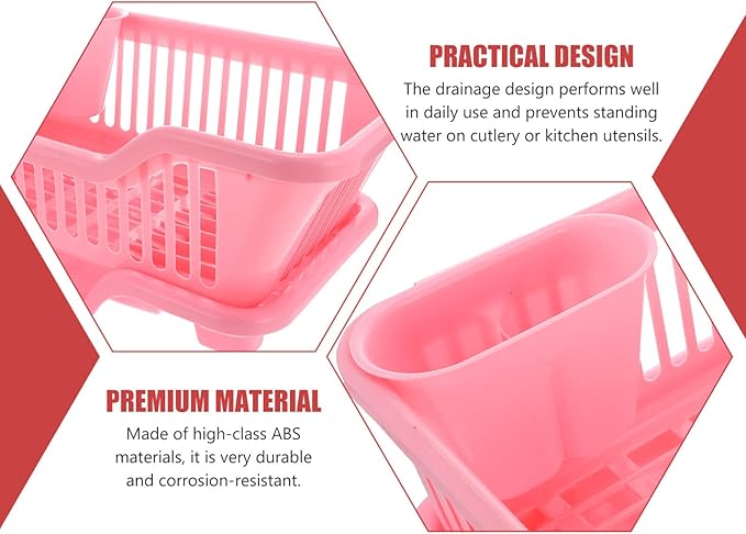 IMIKEYA Sink Dish Rack Drainer Plastic Dish Drying Draining Rack Over The Sink Kitchen Tableware Drying Basket with Cutlery Holder for Kitchen Counter Pink