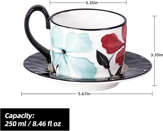 KAMMAK Tea Cups and Saucers Set of 2, Porcelain Coffee Cups, 8.5-Ounce Stackable Espresso Mugs, Ceramic Demitasse for Coffee, Latte, Americano, GX21