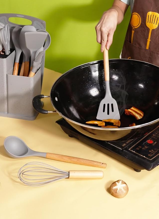 19 in 1 Kitchen Utensils and Knife Set with Storage, Include 11 Piece Silicone Cooking Utensils 5 Pcs Sharp Stainless Steel Chef Knives Scissors Whisk Tongs and Cutting Board GrEY