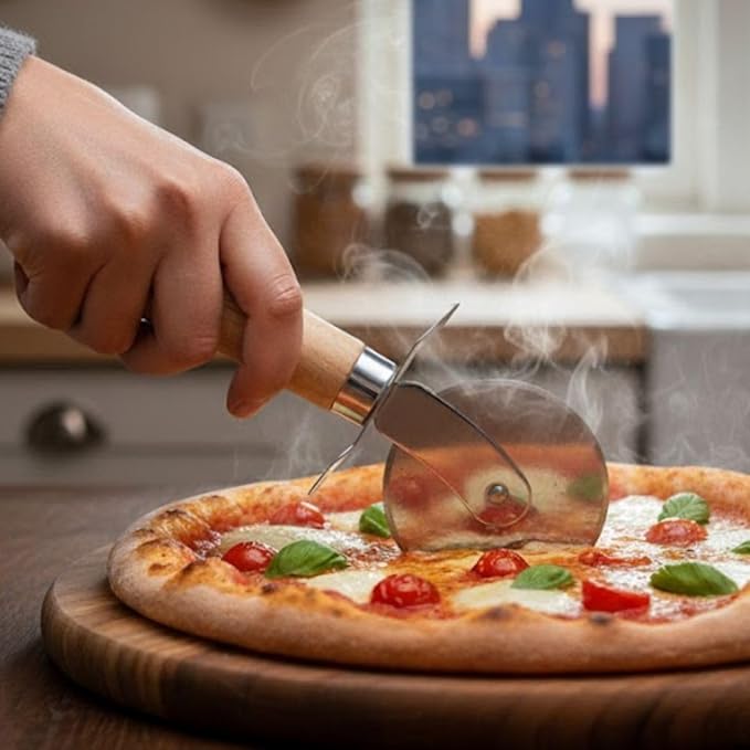 Soro Essentials- 4" Stainless Steel Pizza Cutter Wheel with Wooden Handle- Pizza Wheel Slicer Built in Finger Guard for Safety Pizza Wheel Sharp Blade for Cutting Through Crusts Pies and Comfort Grip
