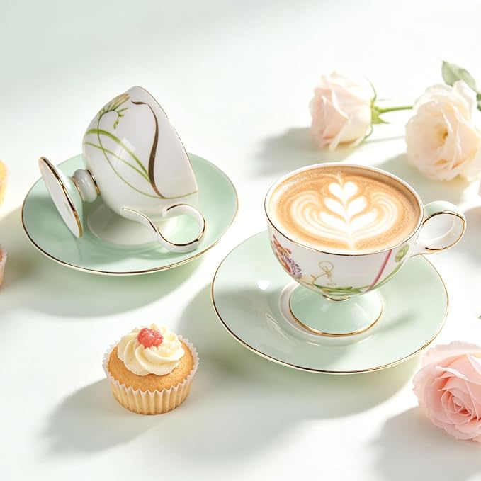 KAMMAK Ceramic Coffee Cups Saucers Set of 2, Porcelain Espresso Cup with Saucer, 6.76 oz Handmade Elegant Bone China Tea Cups, Ceramic Floral Pattern Demitasse Cup for Latte, Americano, Cappuccino