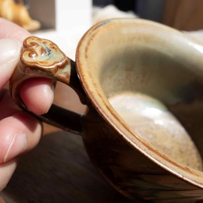 Vintage Ceramic Coffee Cup with Saucer, Farmhouse Stoneware Espresso Cup, Rustic Teacup, Microwave & Dishwasher Safe,Unique Gifts Men and Women (Brown, 5oz)
