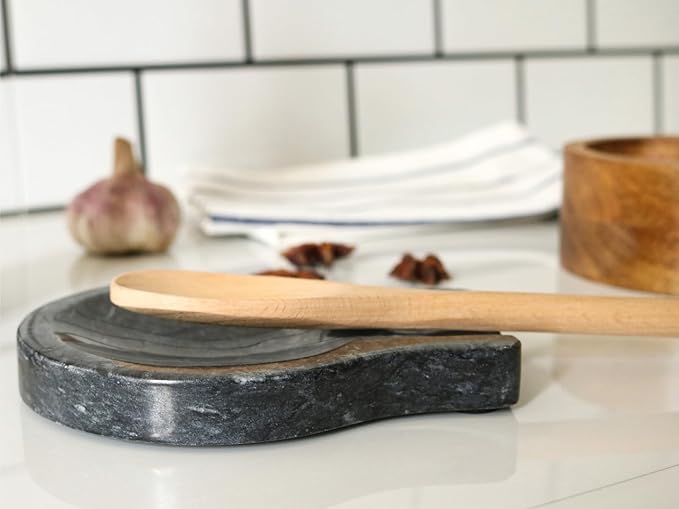 Marble Spoon Rest, Black, 1 Pack + Round Cork Trivets, 7.5 Inches, 4 Pack