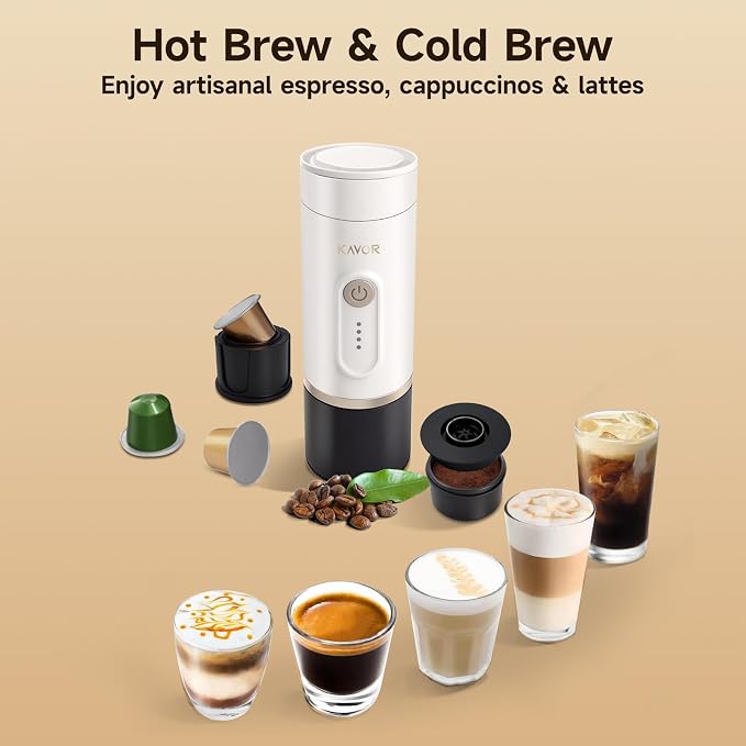Portable Espresso Machine, 2-in-1 Travel Coffee Maker | 7800mAh battery, hot/cold brew with fast self-heat, for camping RV hiking office, compatible with ground coffee & NS capsules