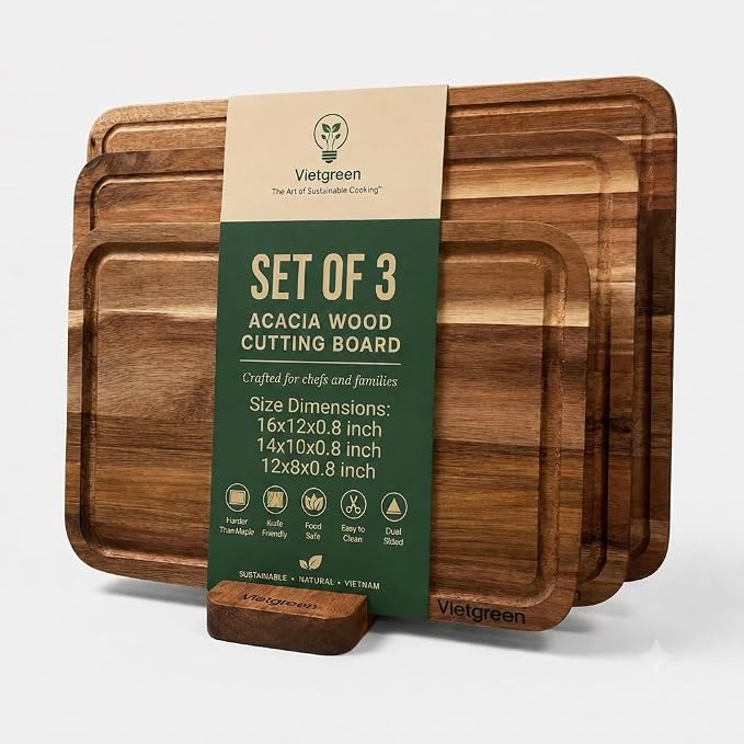 Acacia Wood Cutting Board Set of 3 with Stand (16"x12", 14"x10", 12"x8"), Edge Grain Charcuterie & Serving Boards with Juice Grooves & Handles