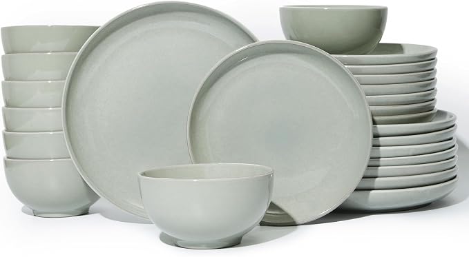 Pokini 24 Piece Dinnerware Set for 8, Santorini Mist Terracotta Plates and Bowls Sets, Complete Stoneware Dish Set for Large Families and Entertaining, Microwave & Dishwasher Safe, Slate Green