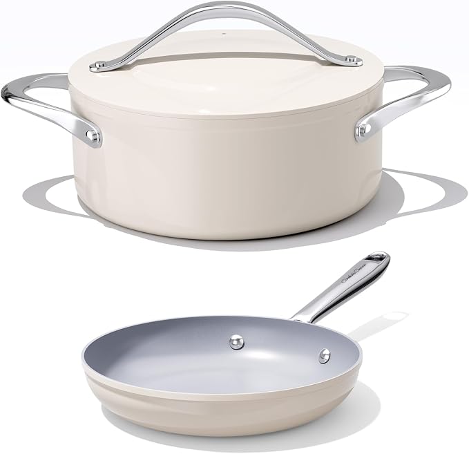 CookinCraze Ceramic Nonstick Cookware Set 8" Fry Pan & 4.5qt Dutch Oven PFAS/PTFE/PFOA Free Even Heat Distribution All Cooktops Compatible Oven Safe to 500°F (Cream)