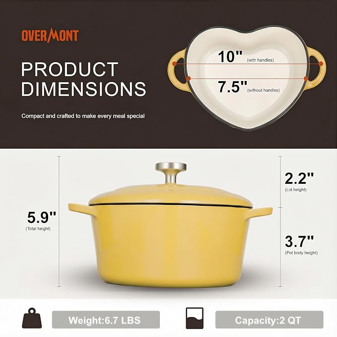 Overmont Heart-Shaped Enameled Cast Iron Dutch Oven, 2QT Pink Mini Pot with Lid for Cozy Meals, Soups & Small Batch Baking, Cute Kitchen Cookware Gift for Wedding, Housewarming & Birthday