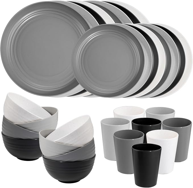Supernal 32pcs Wheat Straw Dinnerware Sets,Plates and Bowls Sets,Reusable Plastic Plate,Microwave Dishwasher Safe,Plastic Dinnerware Set,Four Color Set 16pcs Plates,8pcs Bowls,8pcs Cups