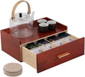 Tea Organizers and Storage Box Tea Station Organizer for Countertop with 4 Cotton Woven Coasters Pine Wood Tea Bag Organizer Drawer Teabag Holder with 8 Compartments（Brown01）