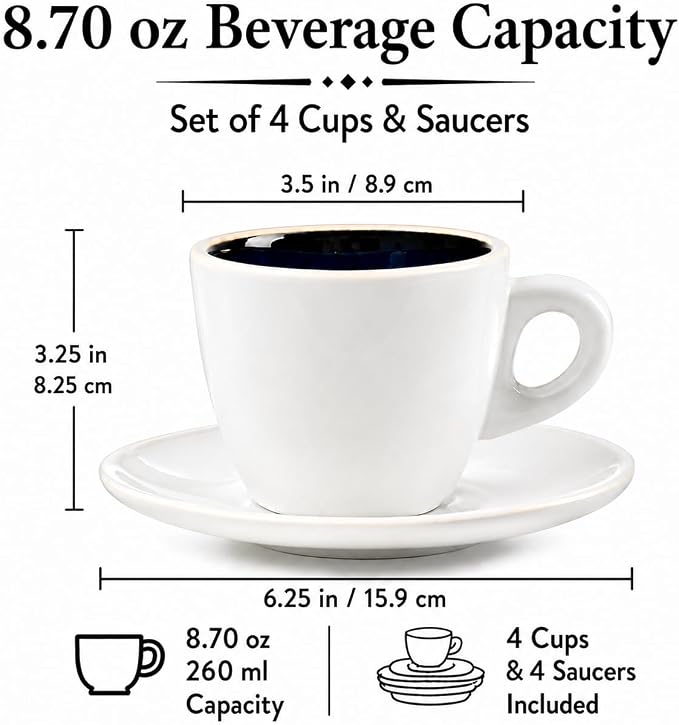 Bacimi® Cappuccino Cups and Saucers Set of 4 – 8.7oz Thick Barista Style Stoneware Cups - Blue Glaze Classic Italian Design - Ceramic Cups For Cappuccino, Latte, Tea – Dishwasher & Microwave Safe