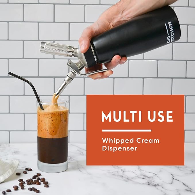 EurKitchen Stainless Steel Professional Whipped Cream Dispenser - Leak-Free Whip Cream Maker Canister - 3 Decorating Nozzles & Cleaning Brush - 1Pint /500 ML Cream Whipper - N2O Charger (Not Included)