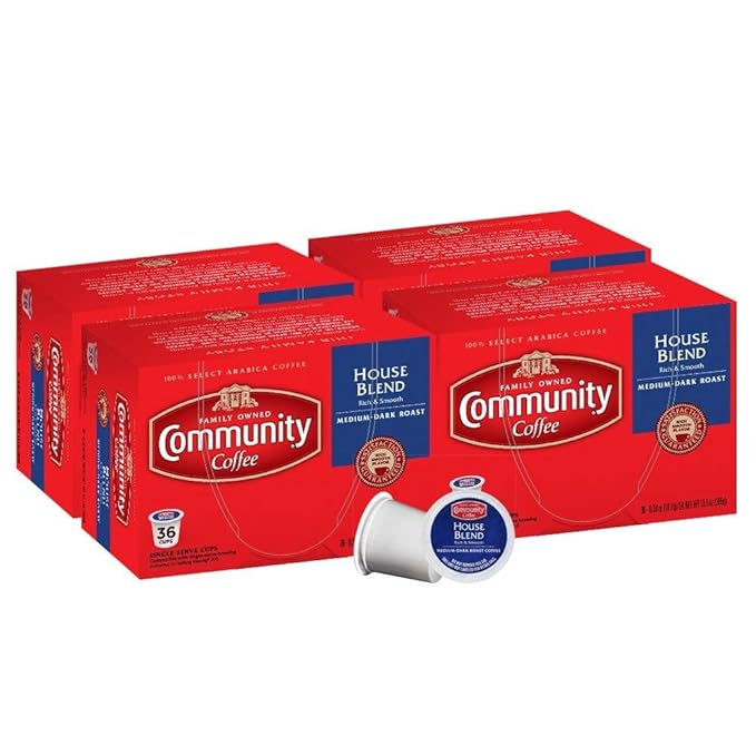 Community Coffee House Blend 144 Count Coffee Pods, Medium Dark Roast, Compatible with Keurig 2.0 K-Cup Brewers, 36 Count (Pack of 4)