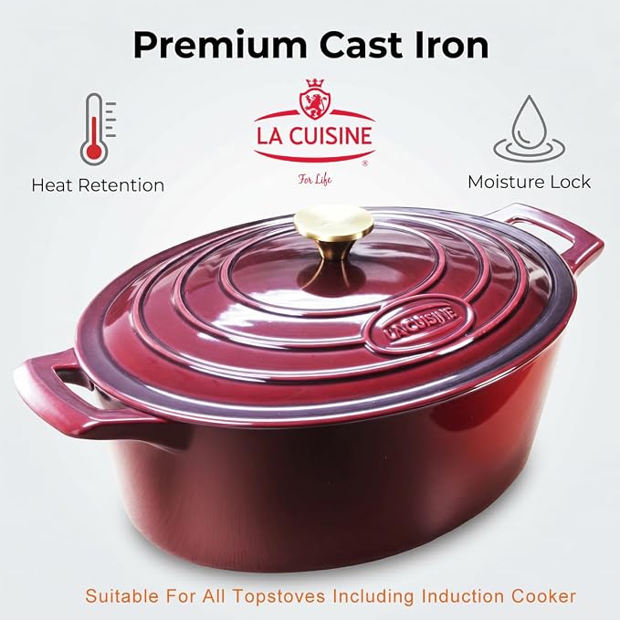 La Cuisine Enameled Cast Iron Oval Dutch Oven Casserole Dish Pot with Lid 5 QT Internal Matt Black Enamel Coating, Cranberry, Gold-Plated Stainless Steel Lid Handle, Oven Safe