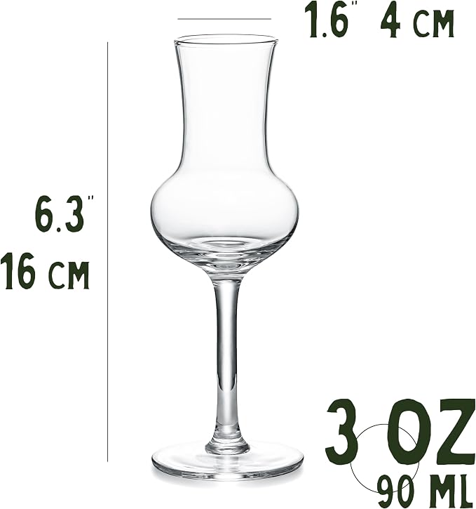 Crystal Grappa and Cordial Glasses | Set of 6 | Small 3 oz Long Stemmed Spirit Glassware for Liqueur, After Dinner Drink, Aperitif, Digestive | Italian Tulip Shaped Liquor Stemware for Nosing, Sipping
