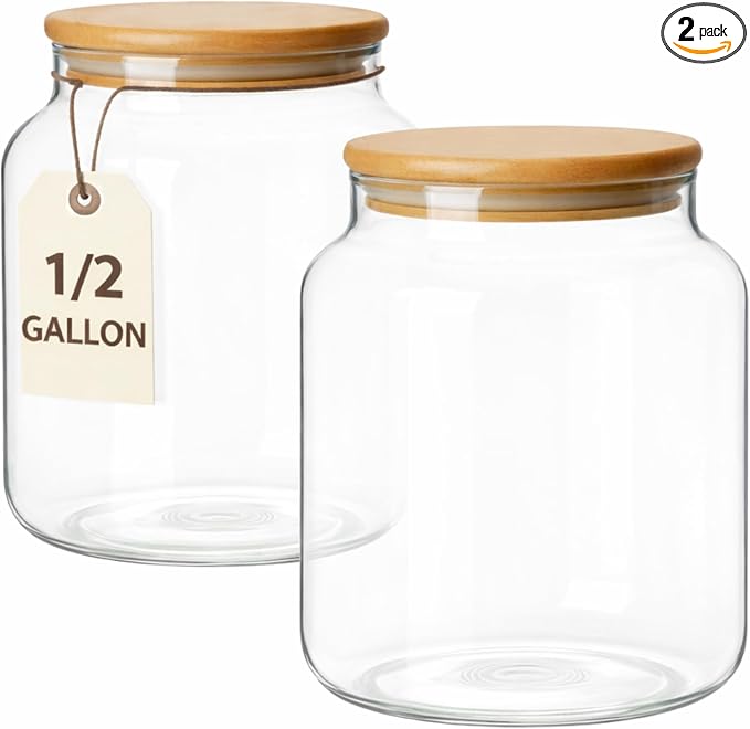 kitchentoolz 1/2 Gallon Mason Jar – 64 oz Wide Mouth Half Gallon Glass Jar with Wooden Lid – 2‑Pack Large Mason Jars for Kitchen Storage, Pantry Organization & Decorative Use