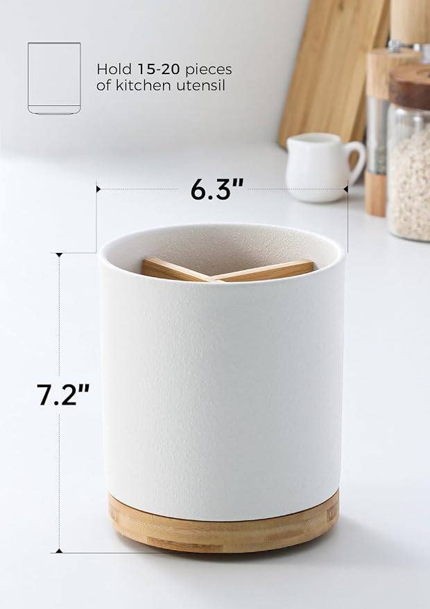 LoeJan 3 Compartment Utensil Holder, Extra Large Utensil Crock, Stable Ceramic Utensil Organizer, Cooking Tool Organizer Set for Kitchen Counter Farmhouse Decor, Textured White