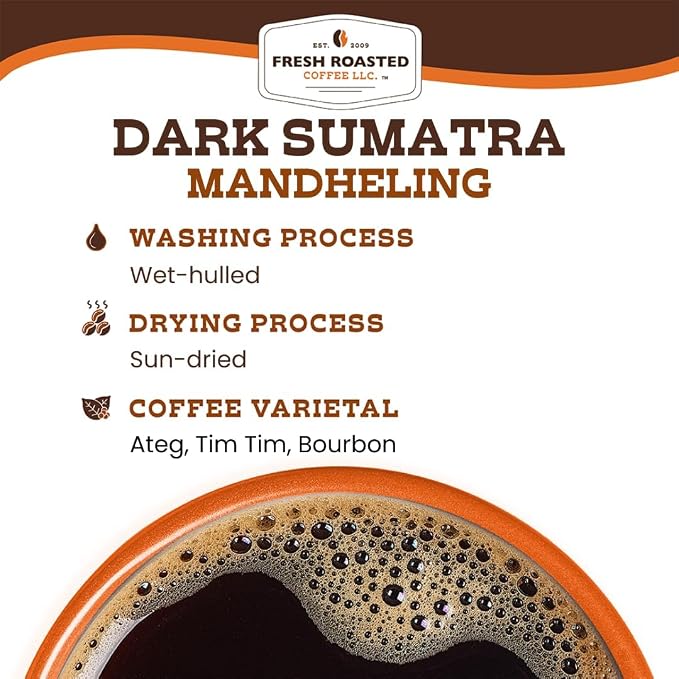 Fresh Roasted Coffee, 100% Dark Sumatra Mandheling Whole Bean Coffee, Dark Roast, Single Origin, Kosher, 12 oz