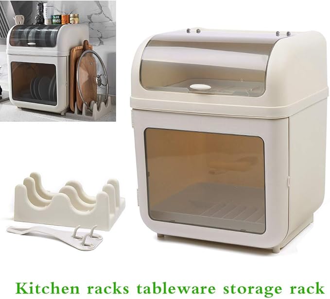 Covered Plastic Dish Drying Rack, Plastic Dustproof Drain Storage Box Basket Hold, Bottle Dryer Holder with Cover Lid and Removable Drainboard for Kitchen Counter, Dish Dryer Shelf