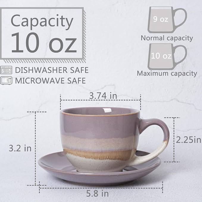 Bosmarlin Ceramic Cappuccino Cup and Saucer Set of 2, 10 Oz, Coffee Cups for Latte, Espresso, Tea, Dishwasher and Microwave Safe (Purple)