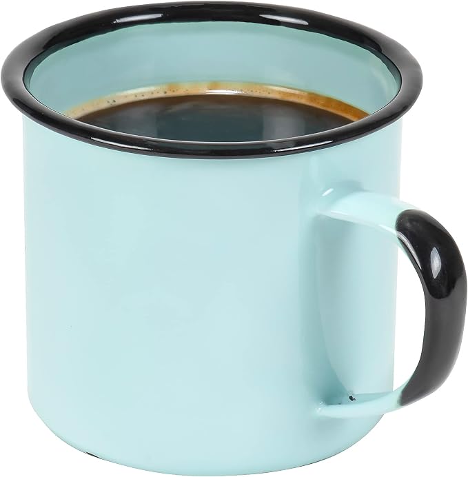 Red Co. Set of 6 Enamelware Metal Medium Classic 12 Oz Round Coffee and Tea Mug with Handle, Distressed Aqua/Black Rim