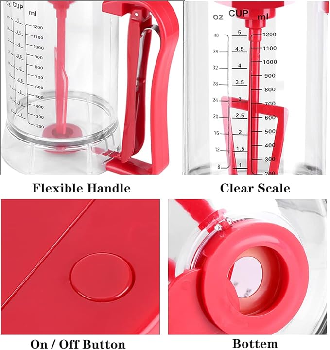 Pancake Batter Dispenser Electric Mixer Separator for Cupcakes, Waffles, Cookies, Clear Marks, 40.58oz, Clear/Red