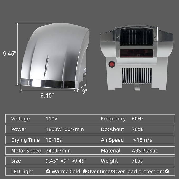 Automatic Hand Dryer and Soap Dispenser Set Wall Mounted High Speed ABs Hand DryerTouchless Automatic Soap Dispenser for HomeBathroom&Commercial Use-Silver