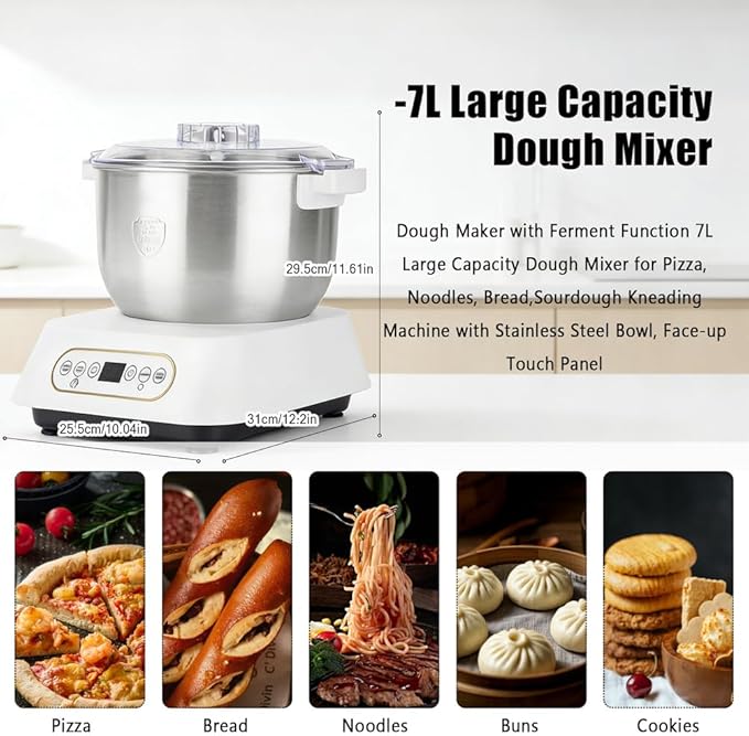 Electric Dough Maker with Ferment Function, 304 Stainless Steel Bowl, 7L Large Capacity White Dough Mixer, for Bread, Pizza, Dumplings, Noodles, Low Noise
