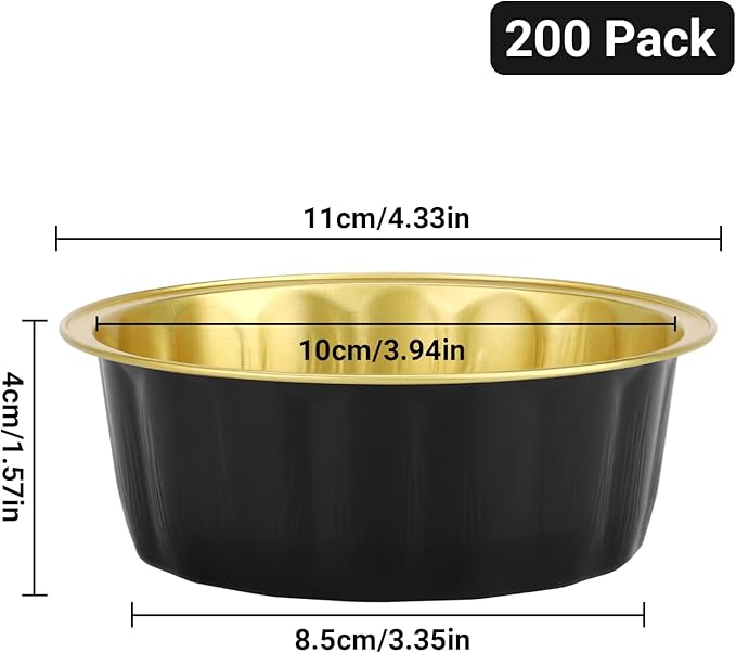 Beasea Disposable Aluminum Ramekins, 8oz 200 Pack Ramekins Foil Cups Baking 3.9" Ramekin Cup Cupcake Aluminum Mini Baking Cups for Party - Black Gold