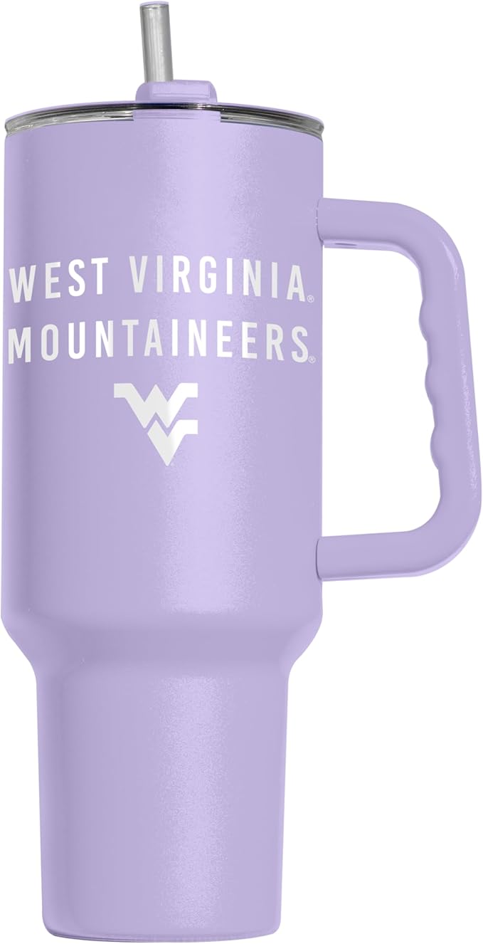 Logo Brands NCAA West Virginia Mountaineers Lavender 40 oz Tumbler with Handle - Stylish Everyday Use Powder Coated-Stainless Steel with Straw- Keeps Cold For Hours